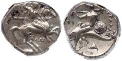 Ancient Coins - Calabria, Taras. Silver Nomos (7.86 g), ca. 315-302 BC. Calabria, Taras. Silver Nomos (7.86 g), ca. 315-302 BC