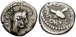 Ancient Coins - Mark Antony. 39 B.C. AR quinarius. Military mint travelling with Octavian in Gaul. Toned Fine, bankers' marks.