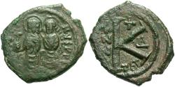 Ancient Coins - Justin II. 565-578. Æ 1/2 follis. Thessalonica, regnal year 4 (569/70). VF, green patina.