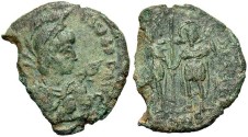 Ancient Coins - Theodosius II. A.D. 402-450. Æ maiorina. Constantinople, A.D. 437(?). VF, nice green patina, broken. Very rare.