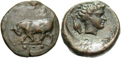 Ancient Coins - Sicily, Gela. Ca. 420-405 B.C. Æ tetras. VF, brown patina.