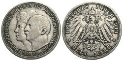 World Coins - Germany, Anhalt Zerbst. Friedrich II and Marie. 1914. 3 Marks. Toned VF.