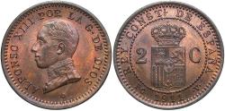 World Coins - Spain. Alfonso XIII. 1911. 2 Centimos. Unc., red/brown.