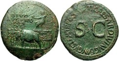 Ancient Coins - Augustus. 27 B.C.-A.D. 14. Æ sestertius. Rome, posthumously under Tiberius. VF, green patina, rough.