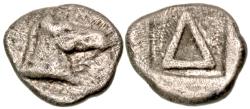 Ancient Coins - Corinthia, Corinth. Ca. 450 B.C. AR diobol (9.6 mm, .80 g, 5 h). Pegasus right / Large Δ