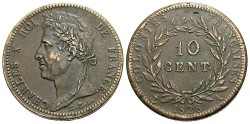 World Coins - French Colonies. Charles X. 1828A. Æ 10 Centimes. Good VF.