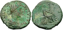 Ancient Coins - Lucilla. Wife of Lucius Verus. Æ sestertius. Rome. VF, mottled green and brown patina.