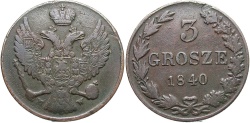 World Coins - Poland, Under Russia. Nicholas I. 1840-MW. 3 Grosze. VF.