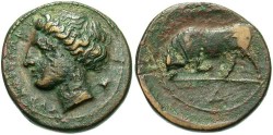 Ancient Coins - Sicily, Syracuse, Agathokles. 317-289 B.C. Æ. VF, brown and green patina.