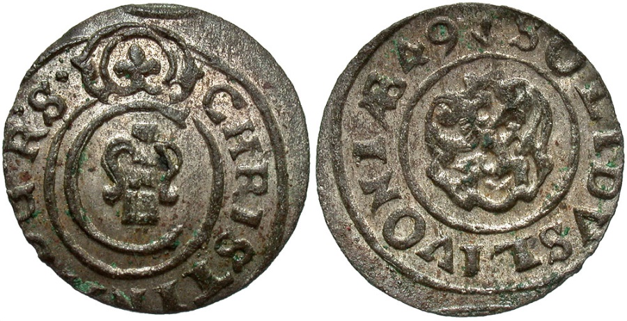 World Coins - Livonia, under Sweden. Christina. 1649. 1 Solidus. Riga. Unc., lustrous.