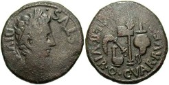 Ancient Coins - Spain, Carthago Nova. Augustus. 27 B.C.-A.D. 14. Æ 27 mm. C. Varrius Rufus and Sextus Julius Pollio, duovirs. Fine/VF, brown patina.