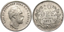 World Coins - Sweden. Carl XV. 1871-ST. 10 öre. EF.