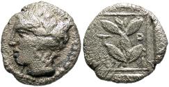 Ancient Coins - Thrace, Trieros. Ca. 450-420 B.C. AR hemiobol. VF, light porosity. Rare.