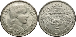 World Coins - Latvia. 1931. 5 Lati. Gem Unc.