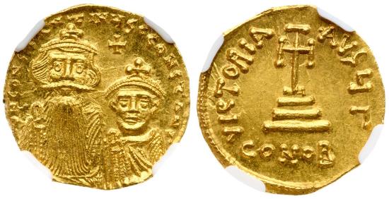 Constans II with Constantine IV (AD 641-668). Gold Solidus