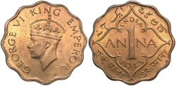 World Coins - India, British. George VI. 1943. 1 anna. BU.