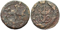 World Coins - Russia. Catharine II. 1766 EM. Polushka. VF.