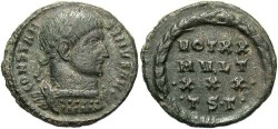 Ancient Coins - Constantine I. A.D. 307-337. Æ follis. Thessalonica, A.D. 318-319. VF, brown patina.