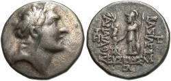 Ancient Coins - Cappadocian Kingdom. Ariarathes V. 163-130 B.C. AR drachm. Regnal year 33 (130 B.C.). VF, toned.