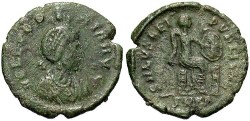 Ancient Coins - Aelia Eudoxia, wife of Arcadius. Æ 18 mm. Cyzicus, ca. A.D. 401-403. Near VF, green patina.