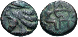 Ancient Coins - Indo-Parthian Kingdom. Sanabares. Ca. A.D. 50-65. Æ drachm. VF, brown patina. Unusual type.