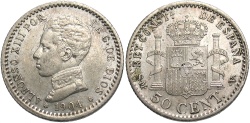 World Coins - Spain. Alfonso XIII. 1904 (04). 50 centesimos. EF.