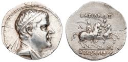 Ancient Coins - Baktrian Kingdom. Eukratides I Megas (ca. 170-145 BC). Silver Drachm (4.26 g).