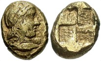 Ancient Coins - Mysia, Kyzikos. Ca. 5th-4th centuries B.C. EL 1/6 stater. VF.