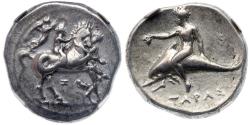 Ancient Coins - Calabria, Taras. Silver Nomos, ca. 340-335 BC. HN Italy 892;. NGC grade Ch VF.