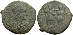 Ancient Coins - Theodosius II. A.D. 402-450. Æ maiorina. Constantinople, A.D. 437(?). Fine, green patina. Very rare.