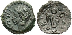 Ancient Coins - Spain, Colonia Patricia. Augustus. 27 B.C.-A.D. 14. Æ 14 mm. Ca. 15-14 B.C. Good VF, dark brown patina.