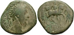 Ancient Coins - Marcus Aurelius. A.D. 161-180. Æ sestertius. Rome, A.D. 169-170. Near Fine, green patina. Rare type.