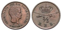 World Coins - Denmark. Christian VIII. 1842. Æ 1/5 Rigsbankskilling. EF.