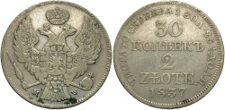 World Coins - Poland, under Russia. 1837-MW. 2 Zlotych (30 Kopeks). VF.