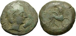 Ancient Coins - Spain, Castulo. Late 2nd century B.C. Æ 30 mm. VF, green patina. Very nice for the type.