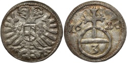 World Coins - German States, Silesia. Ferdinand II. 1627. 3 pfennig. Breslau. EF.