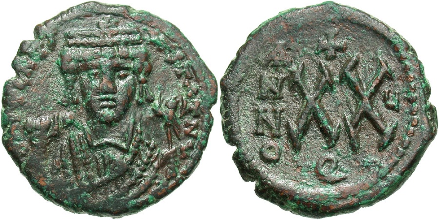 Maurice Tiberius 5 602 Ae 1 2 Follis Antioch Regnal Year 5 A586 7 Nearly Ef Dark Brown And Green Patina