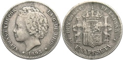 World Coins - Spain. Alfonso XIII. 1893-PG L. 1 peseta. Choice VF.