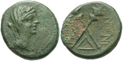 Ancient Coins - Sicily, Manaion. After 210 B.C. Æ trias. VF, green patina.