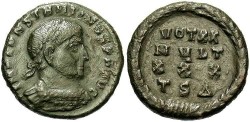 Ancient Coins - Constantine I. A.D. 307-337. Æ reduced follis. Thessalonica, A.D. 318-319. VF.